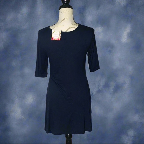 Small NEW Womens Navy Blue Long Tunic Top, Short Mini Dress, 3/4 Sleeves, V-Neck - Picture 3 of 5